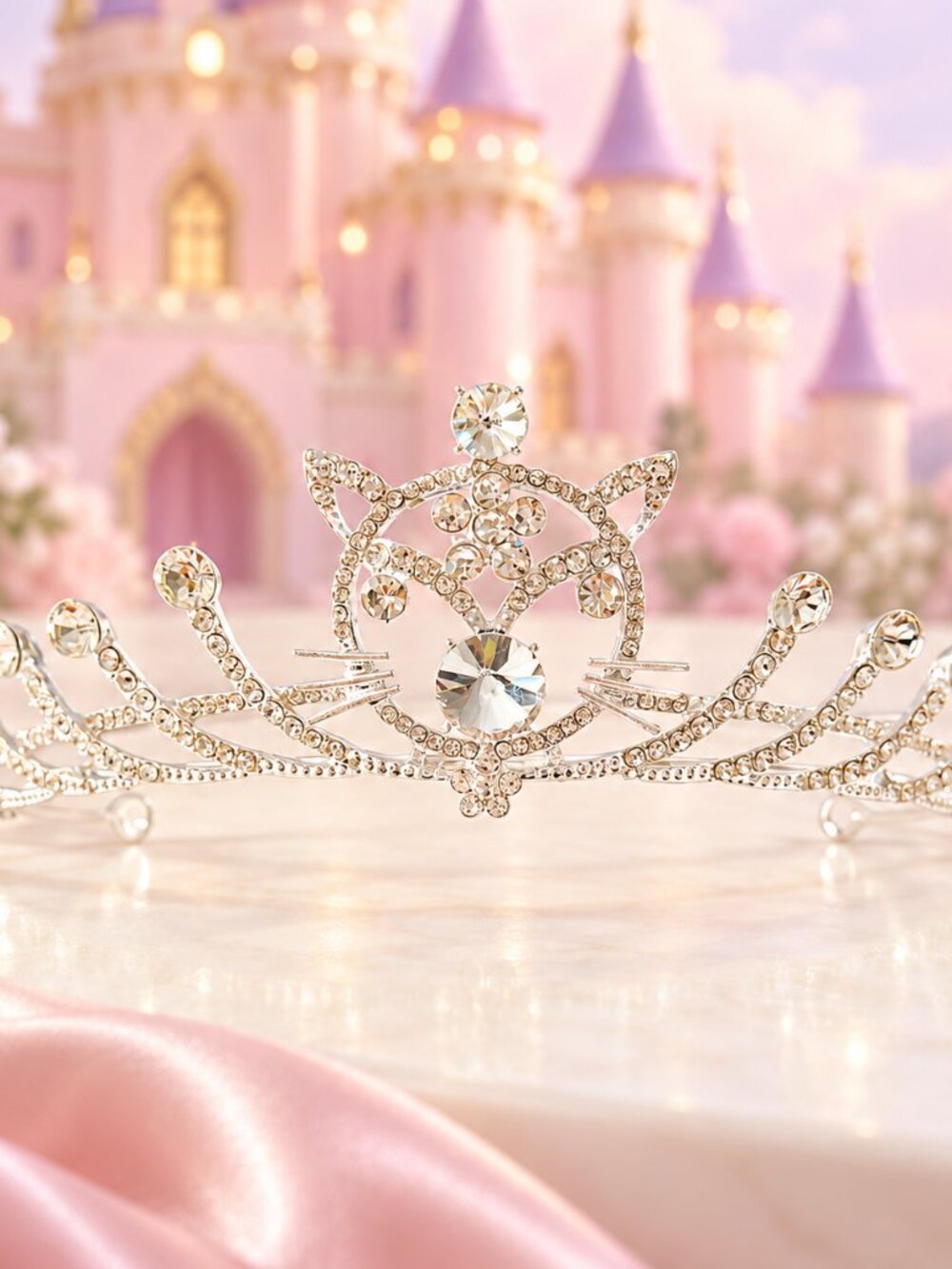 Cat Tiara Clear Rhinestone Crown Kitty Princess Birthday Party Costume Headpiece